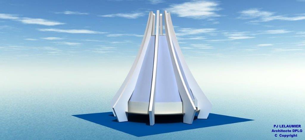 Arche de béton blanc et de verre bleuté